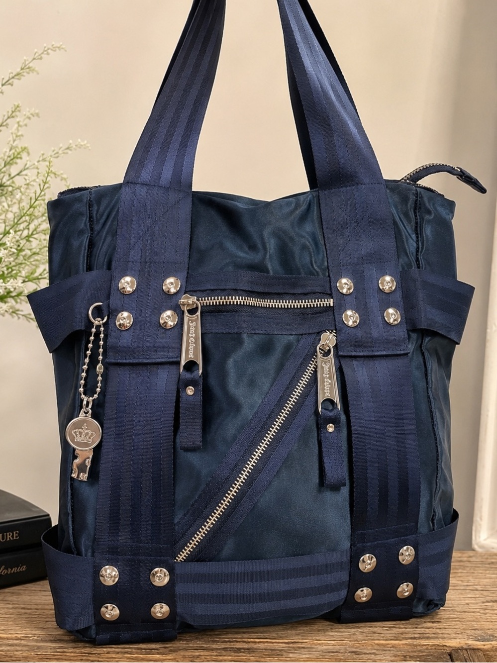Juicy Couture Vintage Y2K Navy Blue Nylon Tote Shoulder Bag Silver Hardware